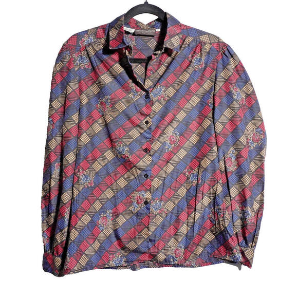 VTG 70s 80s Disco Secretary Geeky Shirt Checker Patch Rose Button‎ Up Womens 12 - Picture 1 of 4